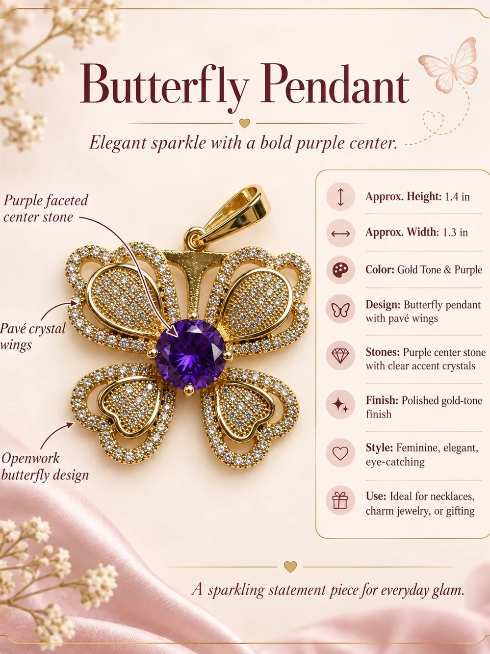 14k. Laminated Gold Clover Pendant with Purple Gem